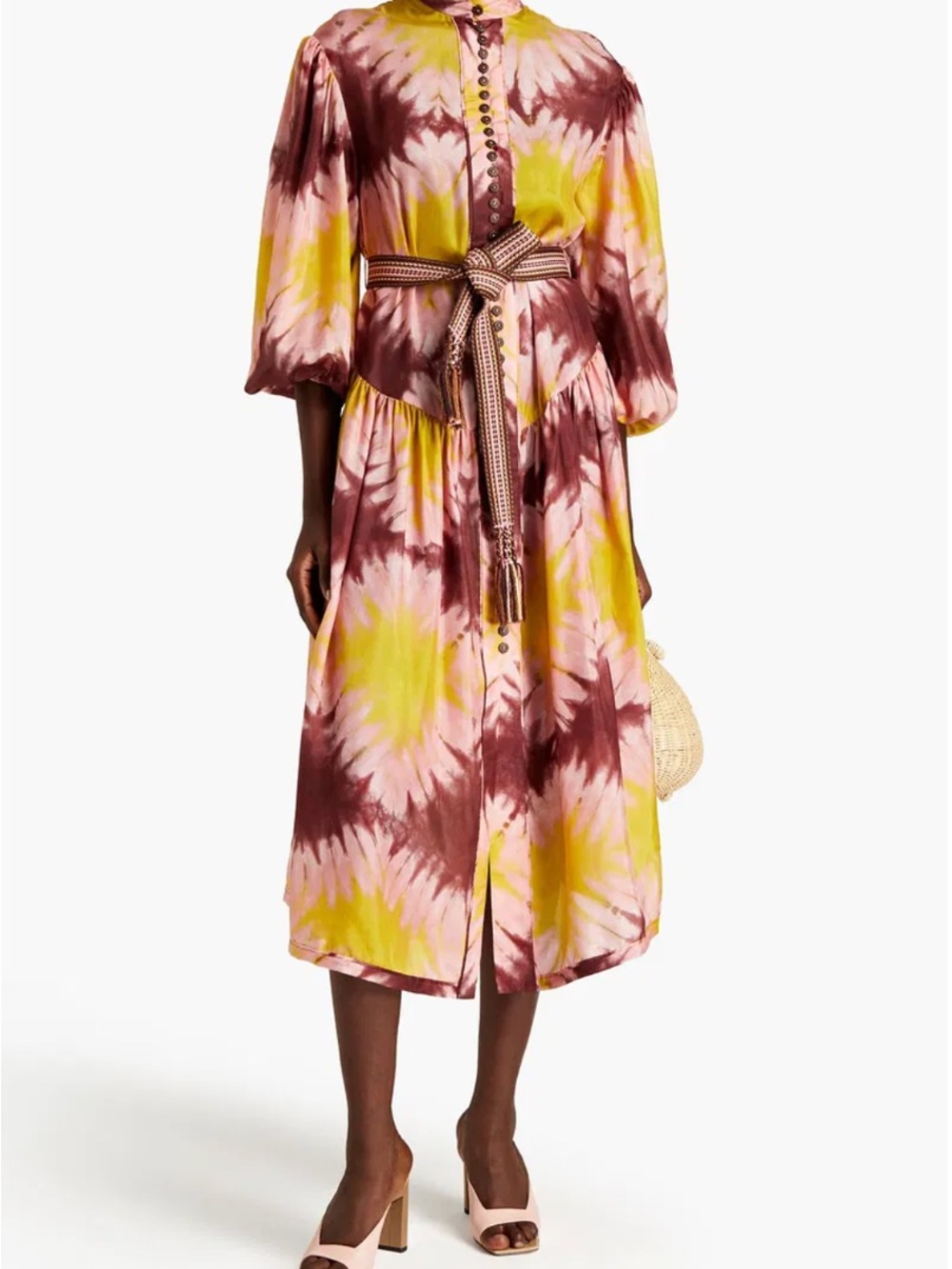 Zimmermann Pink, Yellow & Brown Tie-Dye Midi Shirt Dress (No Belt)